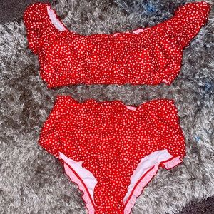 2 Piece High-waisted Bikini. Red W/ white flowers